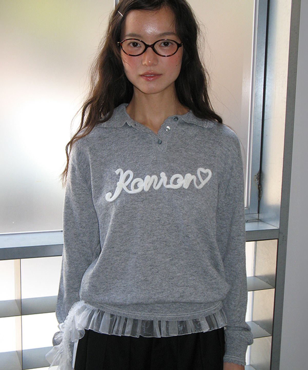론론(RONRON) HAND MADE LOGO COLLAR KNIT PULLOVER GREY