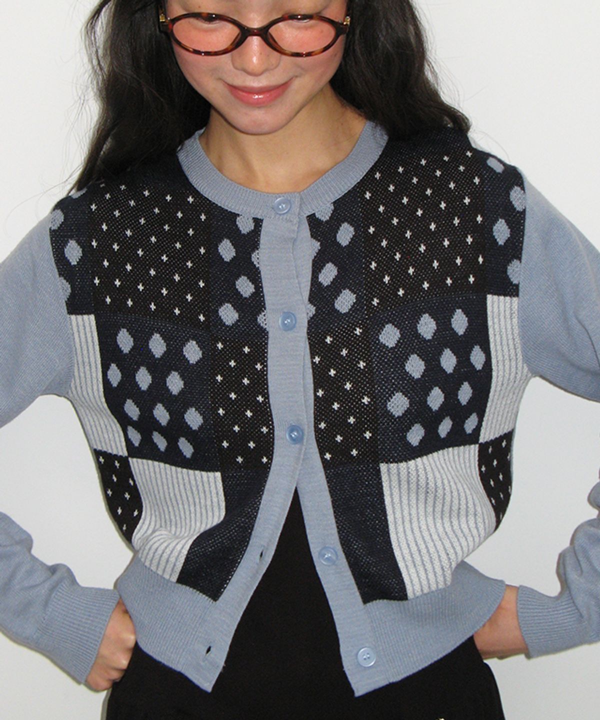 론론(RONRON) DOT STRIPE MIX KNIT CARDIGAN SOFT BLUE