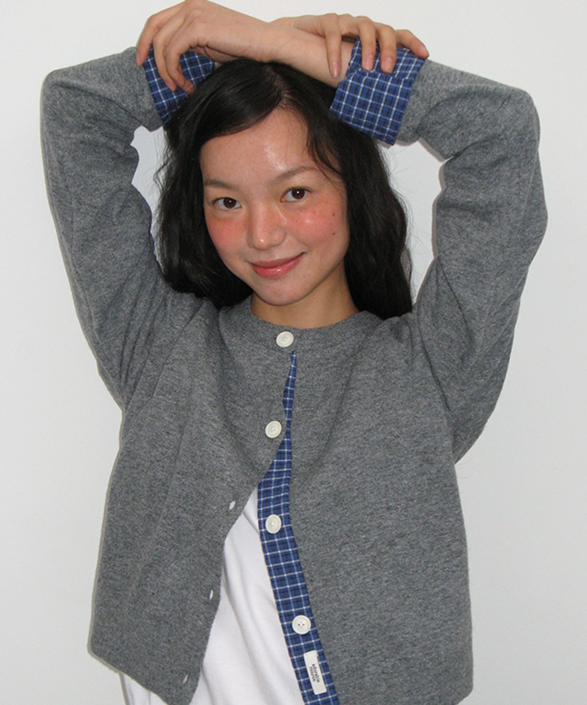 론론(RONRON) CHECK SHIRT POINTED KNIT CARDIGAN GREY