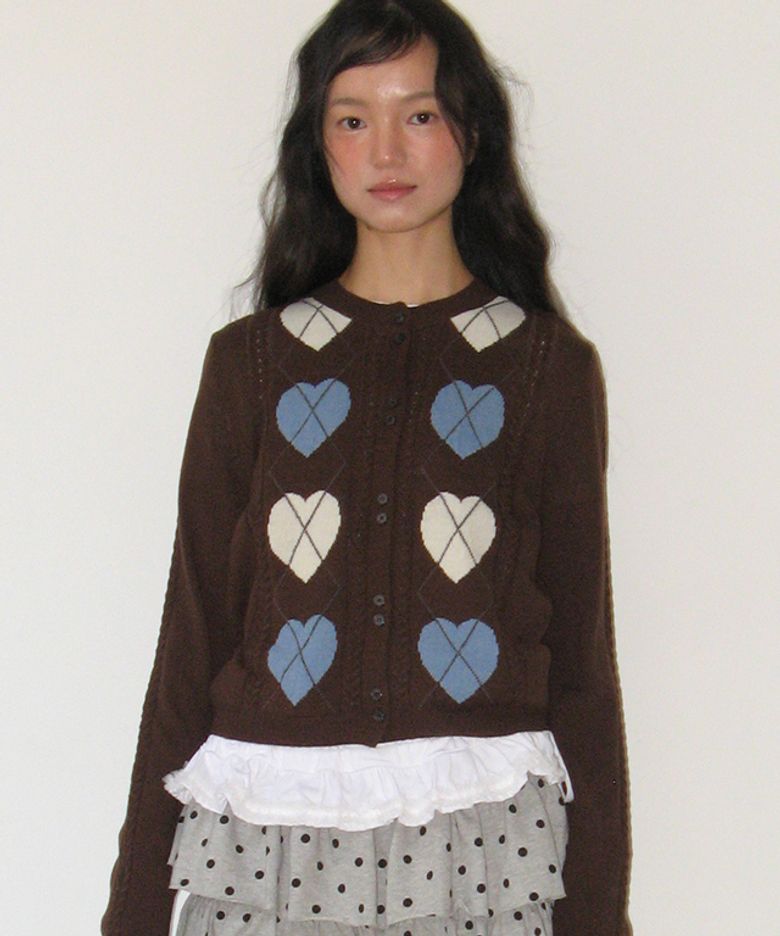 HEART ARGYLE 2 BUTTON KNIT CARDIGAN BROWN