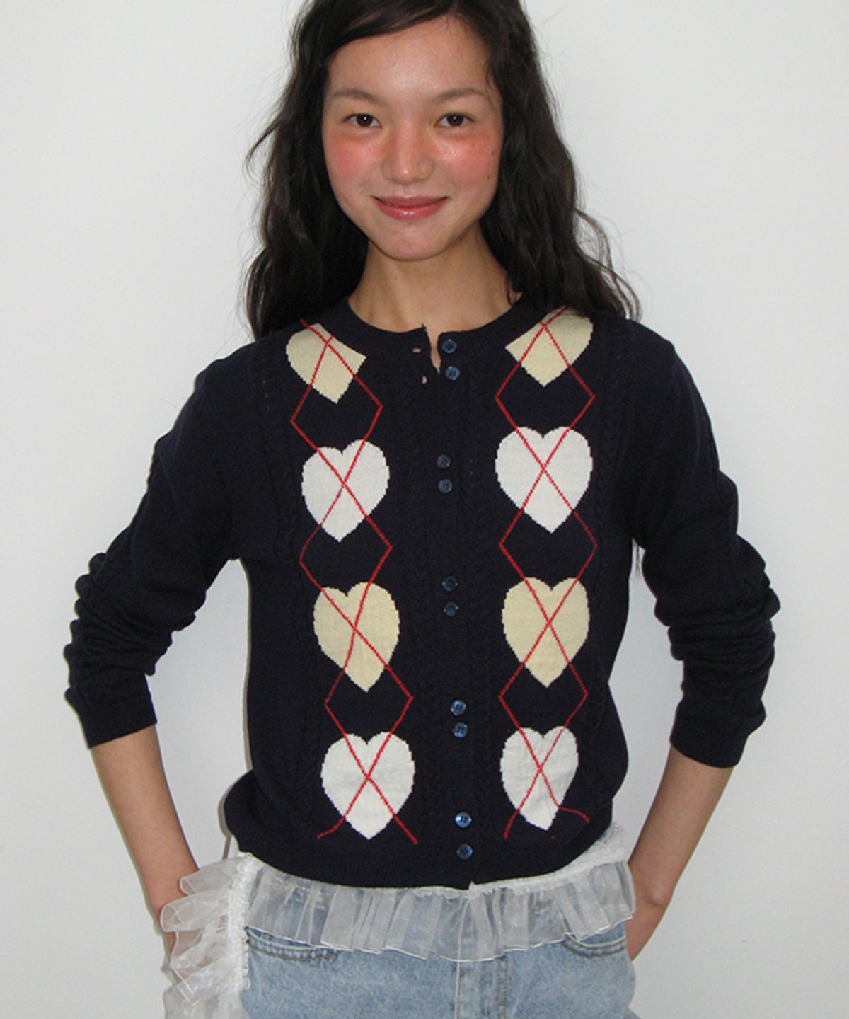 론론(RONRON) HEART ARGYLE 2 BUTTON KNIT CARDIGAN NAVY