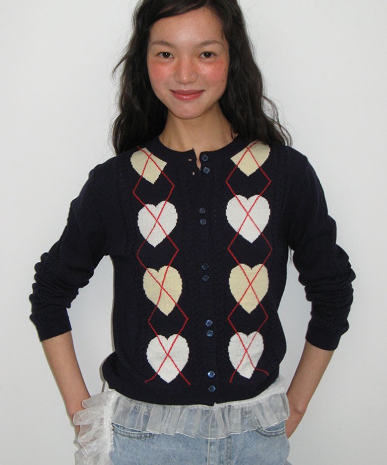 HEART ARGYLE 2 BUTTON KNIT CARDIGAN NAVY