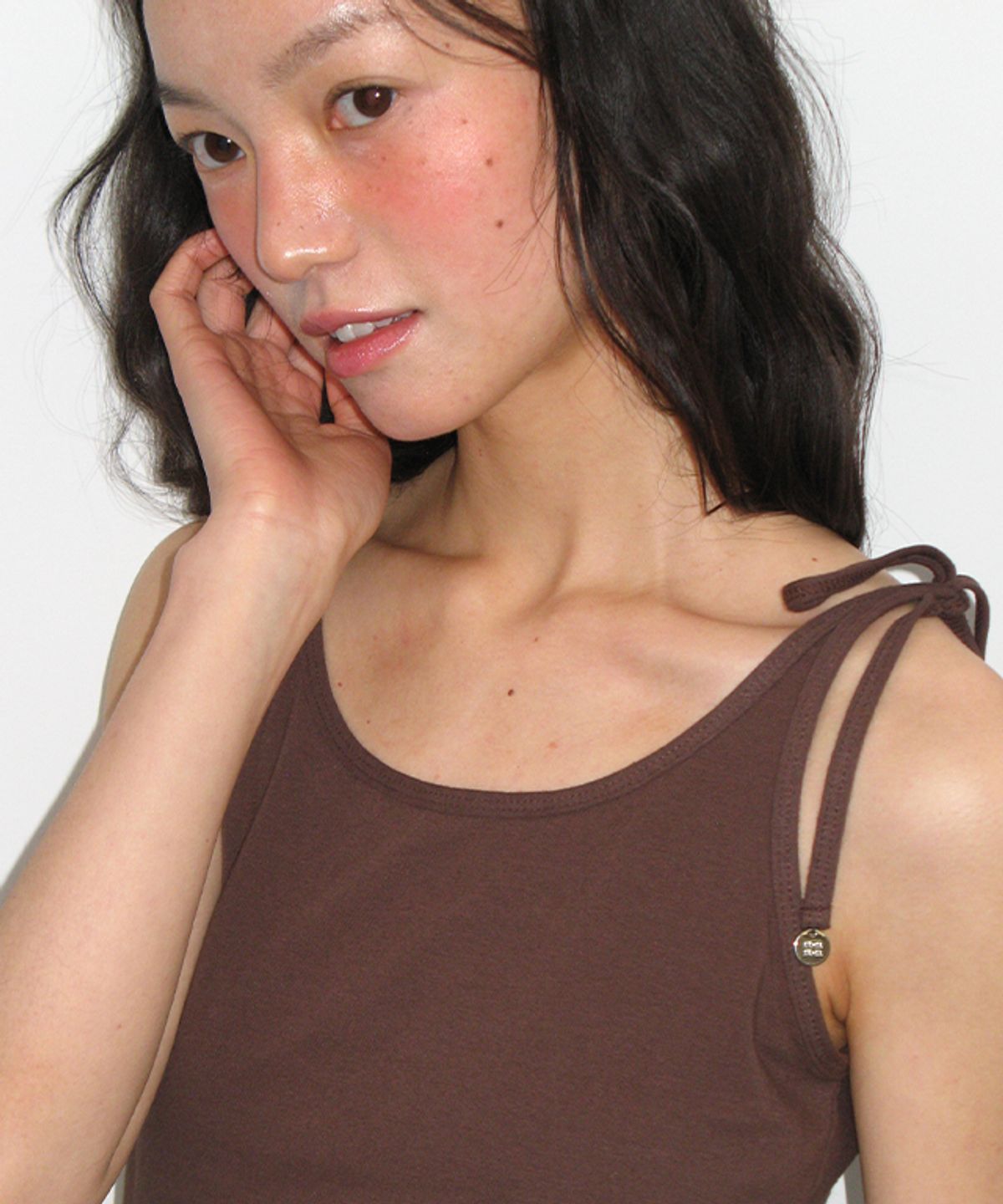 론론(RONRON) PENDANT ONE SHOULDER RIBBON SLEEVELESS BROWN