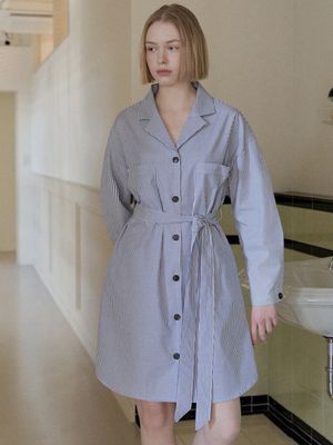 Overfit Shirt Long Sleeve Dress - BLUE