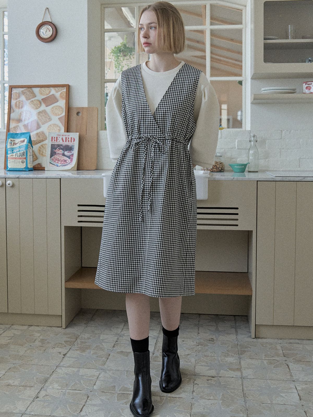아방(AVANT-G) Check Waist string dress - BLACK