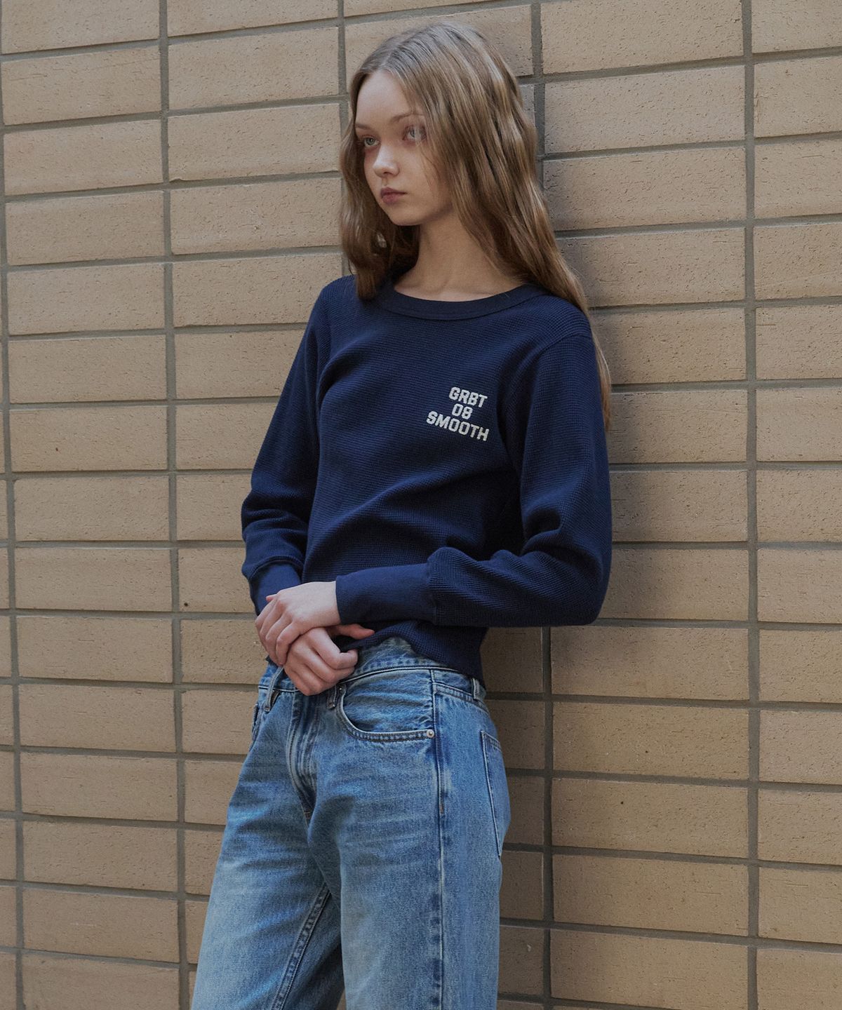 그린버터(GREENBUTTER) Waffle Long Sleeve Tee (Navy)