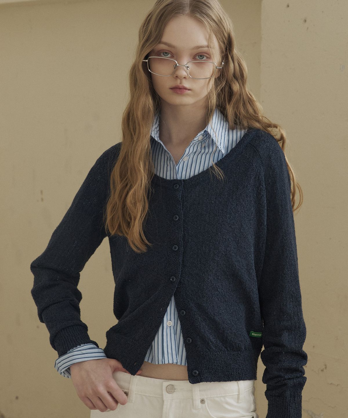 그린버터(GREENBUTTER) Summer Boucle Cardigan (Navy)
