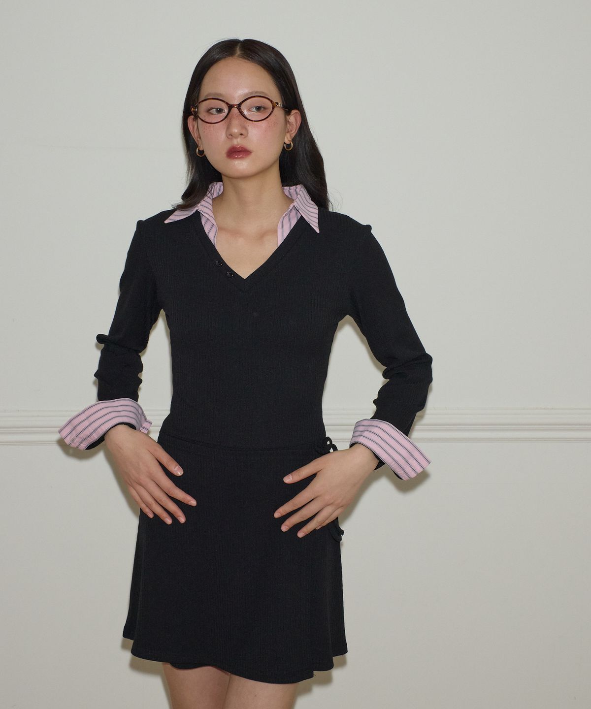 살롱 드 욘(SALON DE YOHN) Shirt Detail Jersey Dress_ Pink Stripe