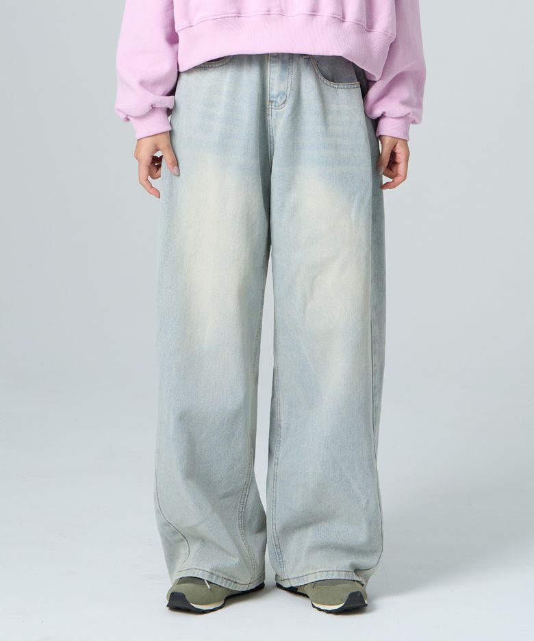 [UNISEX]벌룬핏 사이드 핀턱 와이드 데님 팬츠 [연청]