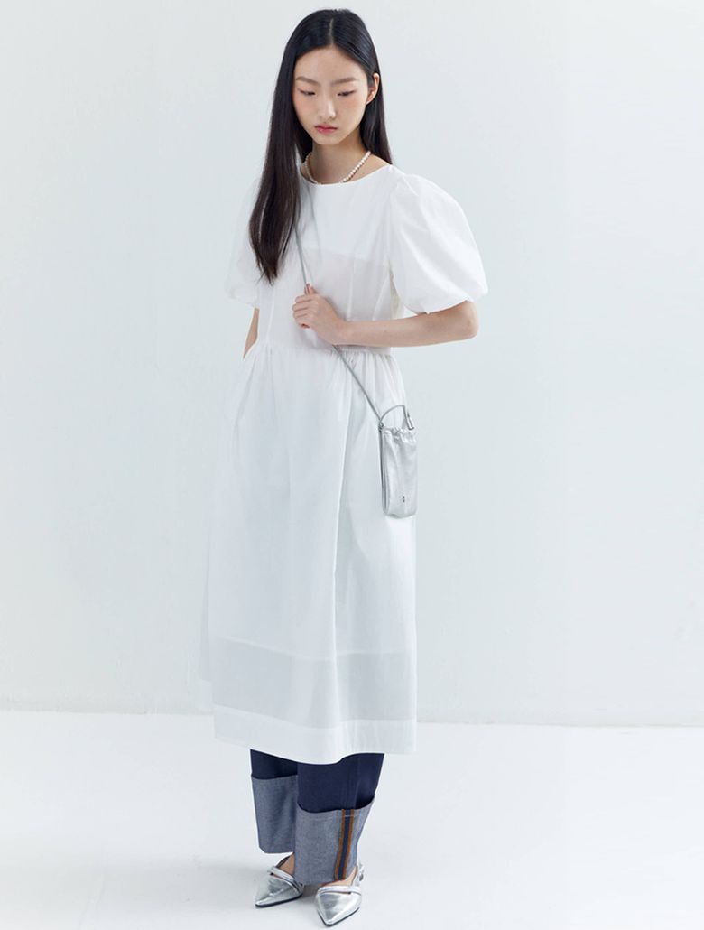 벌룬 슬리브 블루밍 원피스 화이트