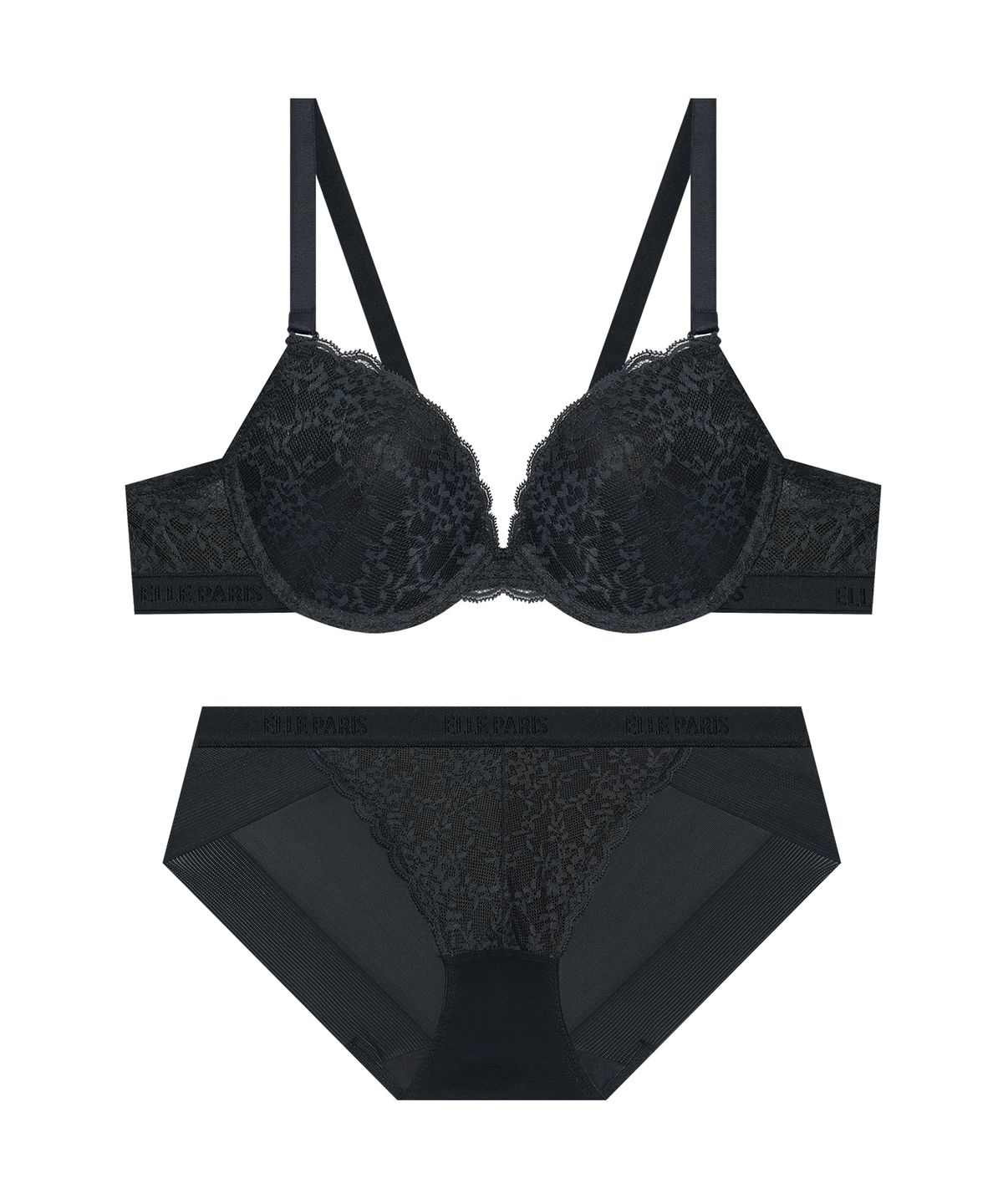 엘르이너웨어(ELLE INNERWEAR) 클래시 페미닌 레이스 브라 팬티 세트 - 차콜