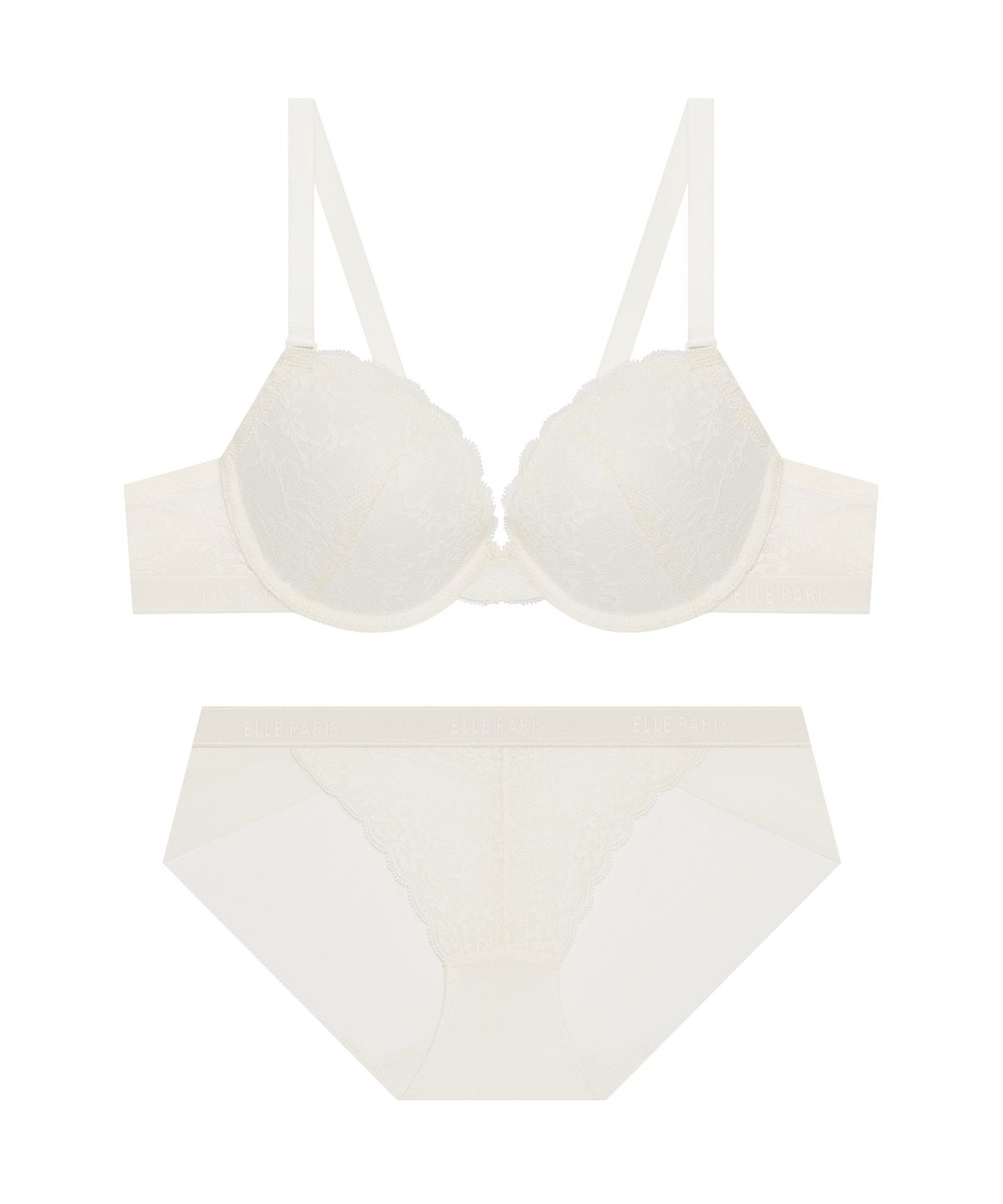 엘르이너웨어(ELLE INNERWEAR) 클래시 페미닌 레이스 브라 팬티 세트 - 크림
