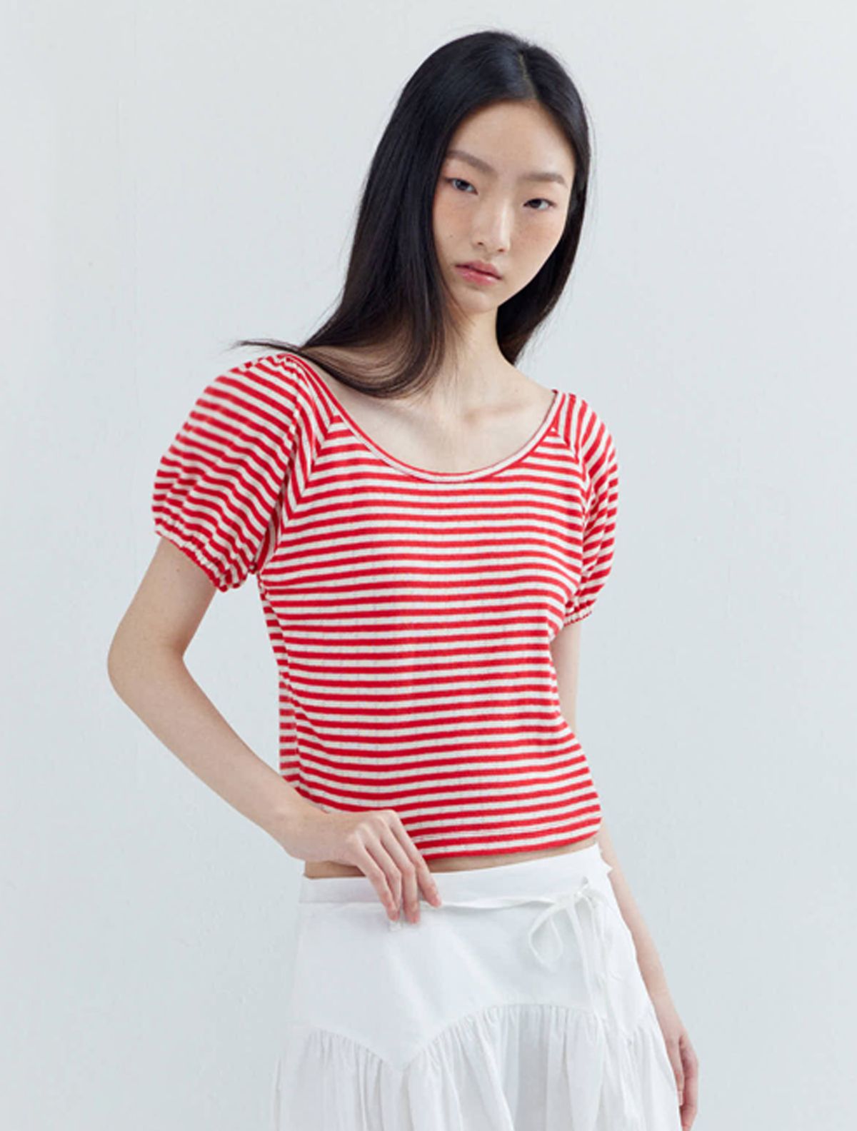 오프닝선샤인(OPENING SUNSHINE) 퍼프 슬리브 스트라이프 티셔츠 레드