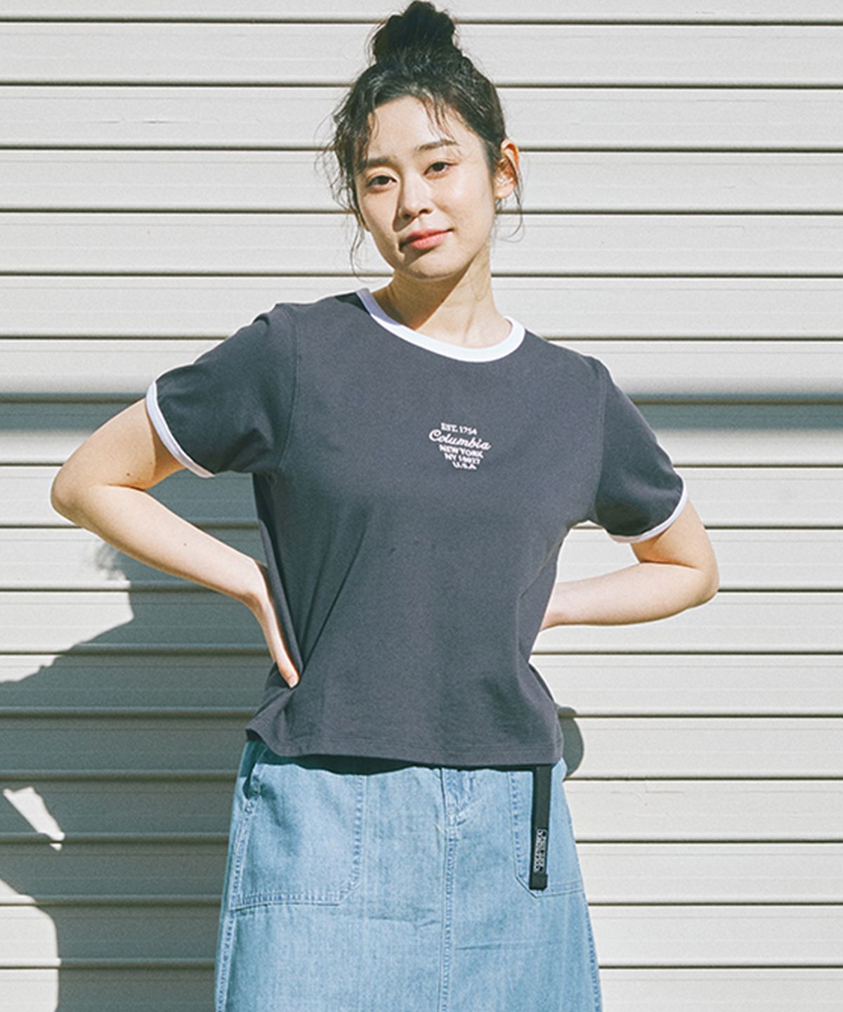 컬럼비아 유니버시티(COLUMBIA UNIVERSITY) CU BIG SCRIPT WOMEN S/S RINGER T-SHIRTS 크라운네이비