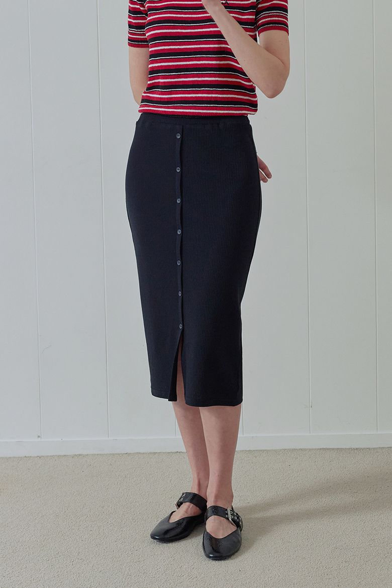 BUTTON UP LAYERED MIDI SKIRT (BLACK)
