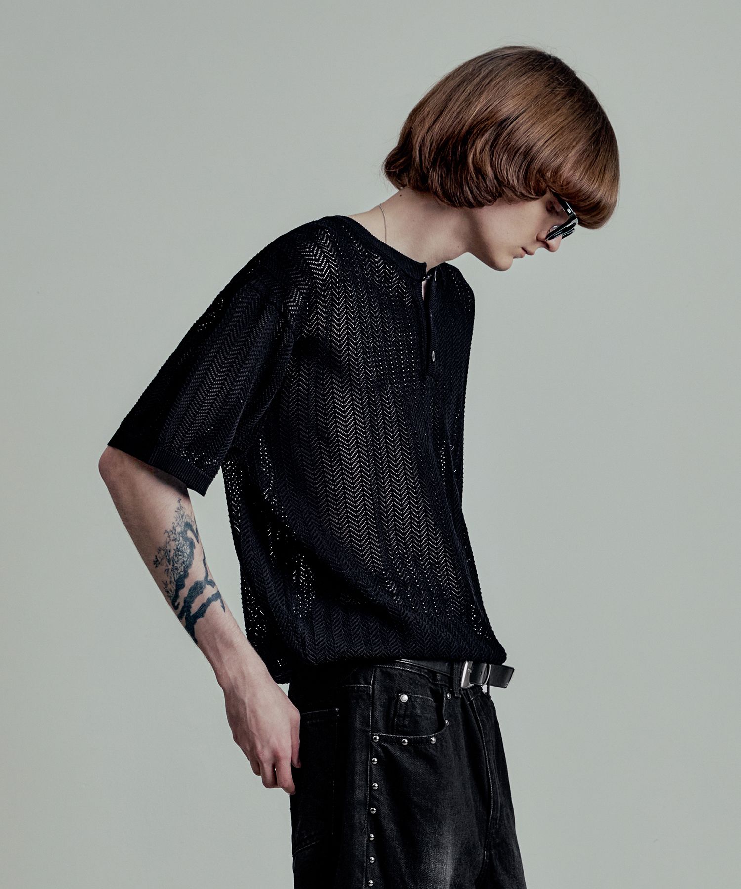 ★LMOOD★ Crochet silk cotton henley neck half knit stripe MUSINSA | LMOOD Crochet silk cotton henley neck half knit black