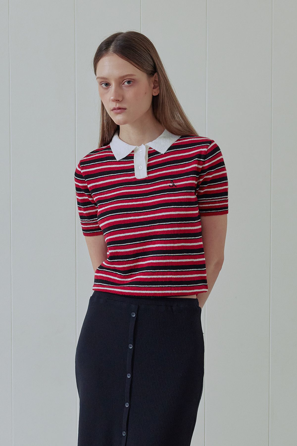 애프터아워즈(AFTERHOURS) MULTI STRIPE COLLAR KNIT (RED)