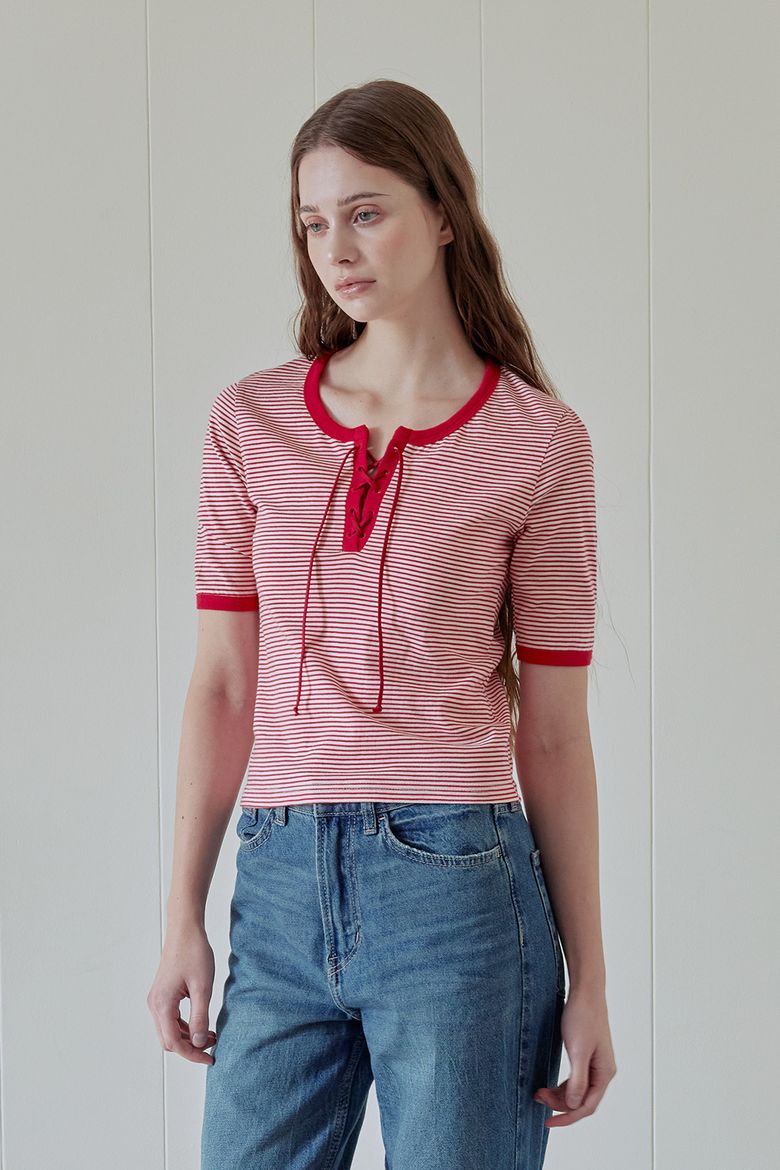 STRIPE LACE-UP TOP (RED)