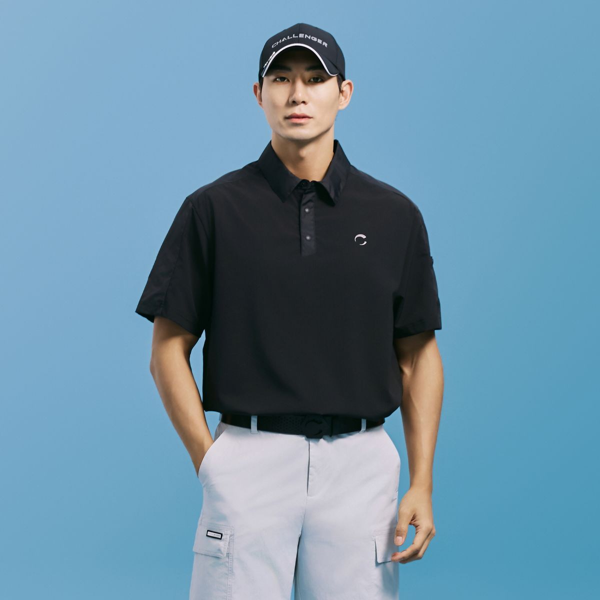 챌린저(CHALLENGER) 남성 에어홀 우븐믹스 카라 반팔 우븐탑 블랙