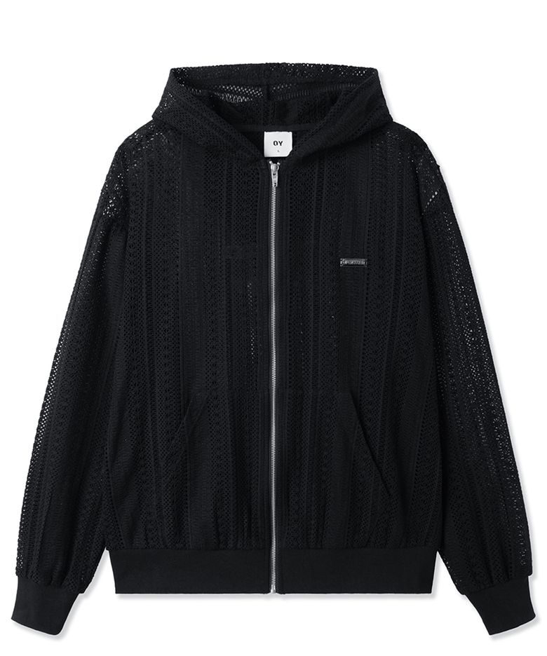 LOGO CROCHET HOODIE ZIP UP - BLACK