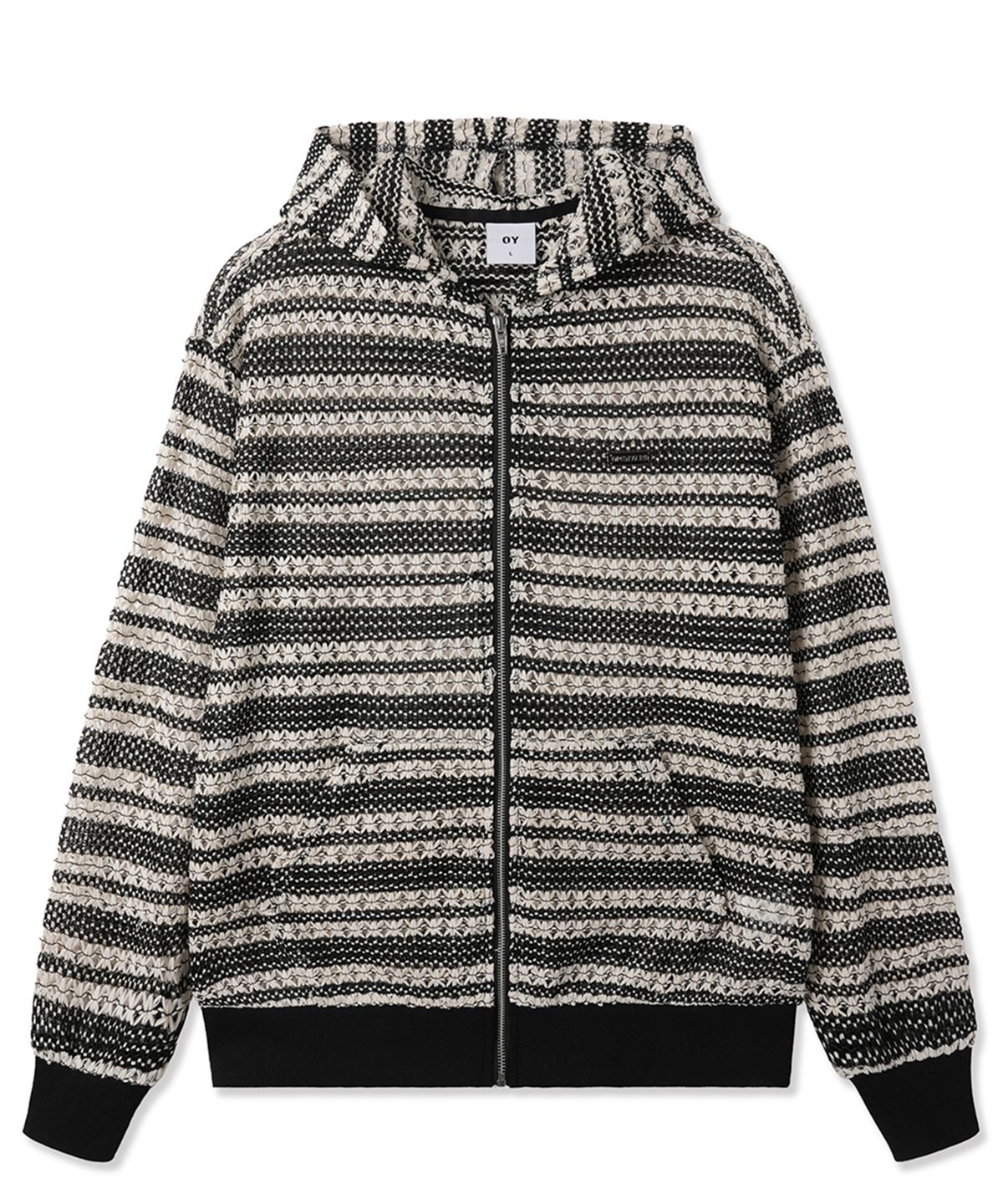 오픈야드(오와이)(OPENYARD(OY)) LOGO STRIPED CROCHET HOODIE ZIP UP - BLACK
