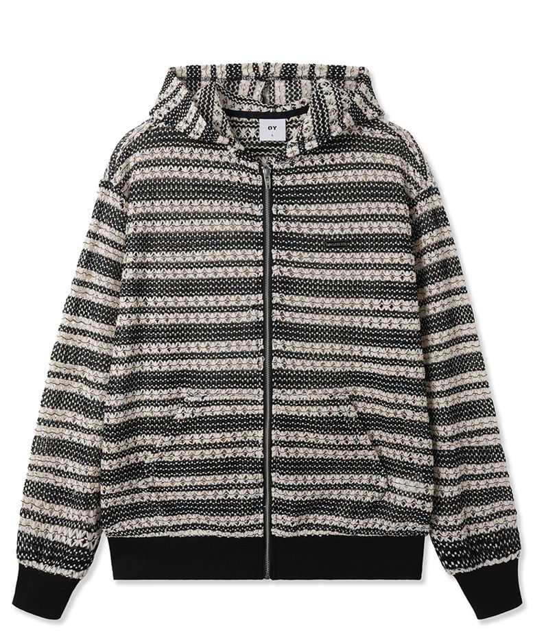 LOGO STRIPED CROCHET HOODIE ZIP UP - BLACK