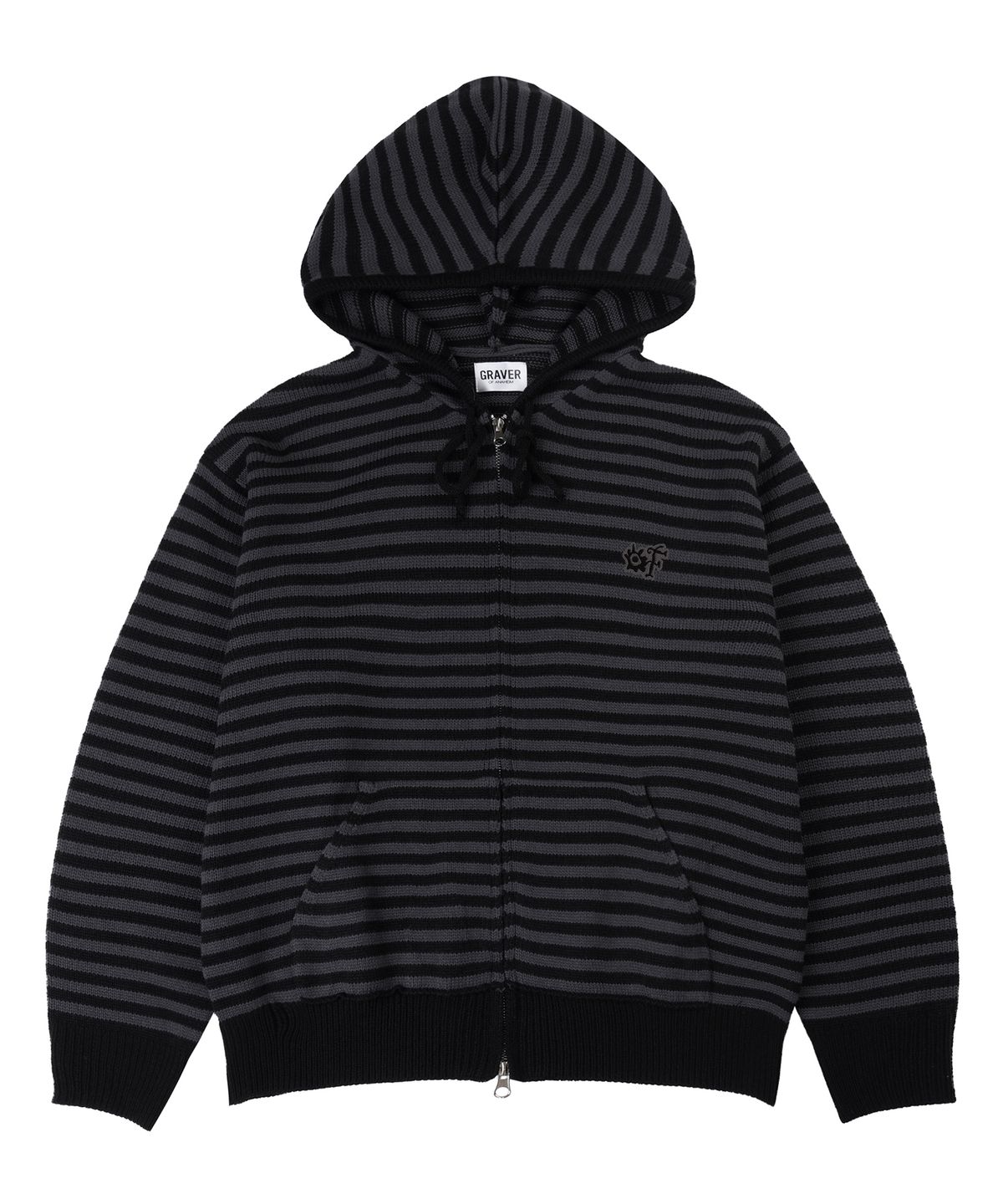 그레이버(GRAVER) [UNISEX]OF_SYMBOL 자수 니트 스트라이프 후드집업_블랙차콜