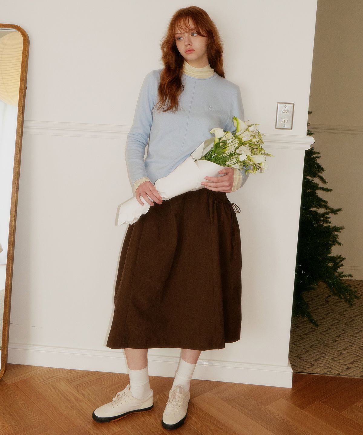 플랙 우먼(PLAC WOMEN) 셔링 포켓 미디 스커트 브라운