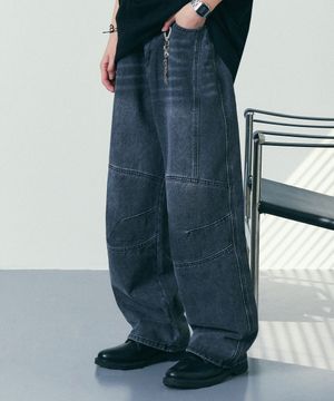 워싱 와이드 바이커 데님 팬츠 그레이