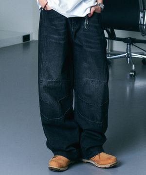 워싱 와이드 바이커 데님 팬츠 흑청