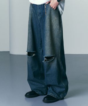 디스트로이드 빈티지 워싱 와이드 데님 팬츠 진청