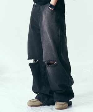 디스트로이드 빈티지 워싱 와이드 데님 팬츠 흑청