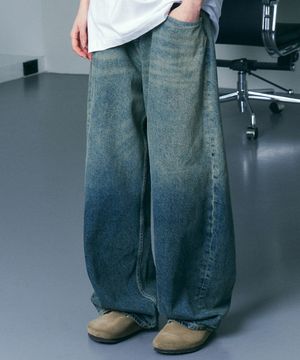 투 톤 그라데이션 워싱 와이드 데님 팬츠 인디고