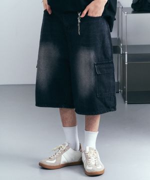 버뮤다 카고 워싱 와이드 데님 팬츠 흑청