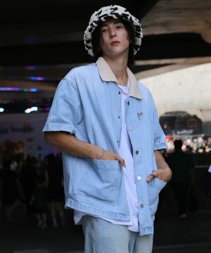 니트 카라 데님 하프 자켓 (라이트 블루)