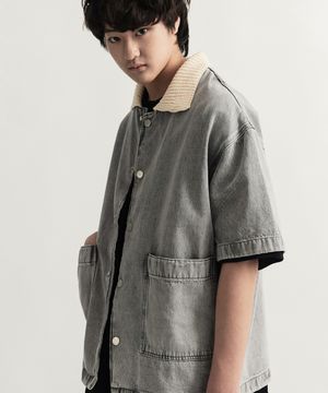 니트 카라 데님 하프 자켓 (그레이)