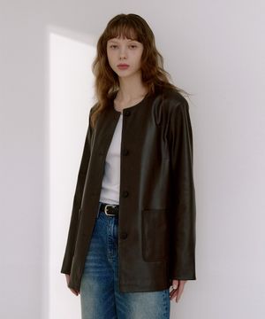 램스킨 라운드 넥 하프 자켓 [다크브라운]