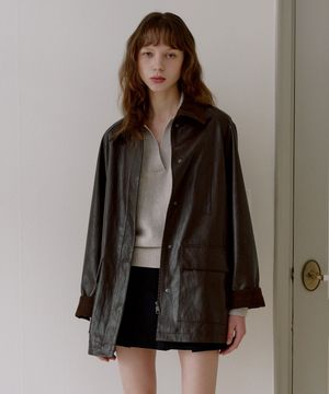 코듀로이 콤비 신세틱 레더 자켓 [브라운]