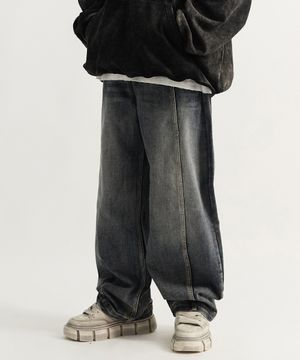 커브드 브러쉬 워시드 와이드 데님 팬츠(딥블루)