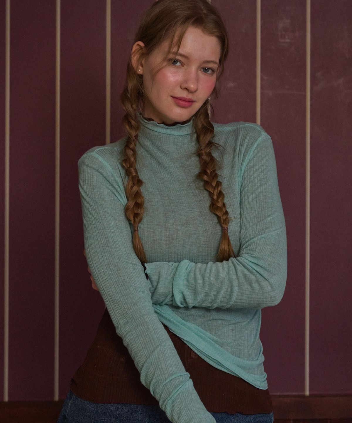 로시로우(LOSSYROW) Wave Stitch Half-Neck Long Sleeve Emerald mint