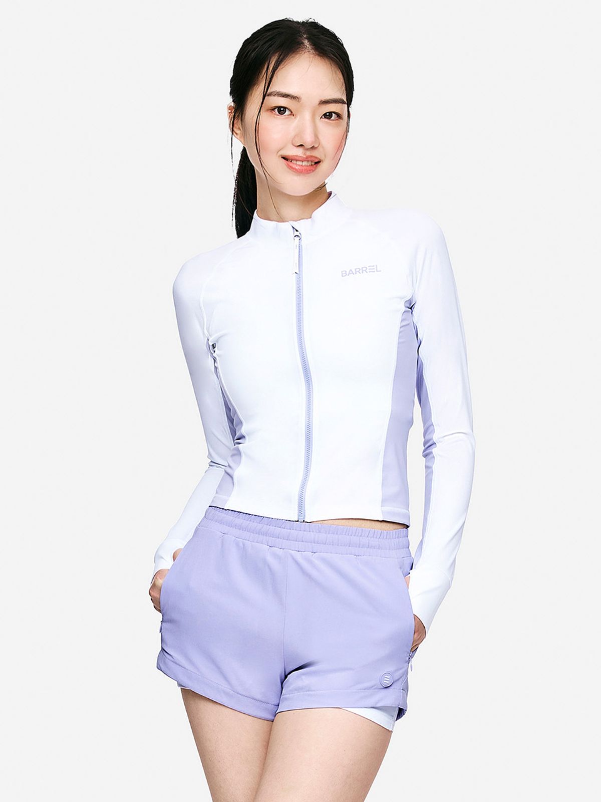 배럴(BARREL) 우먼 배색 크롭 집업 래쉬가드 화이트 (B5SWWCZ041WHT)