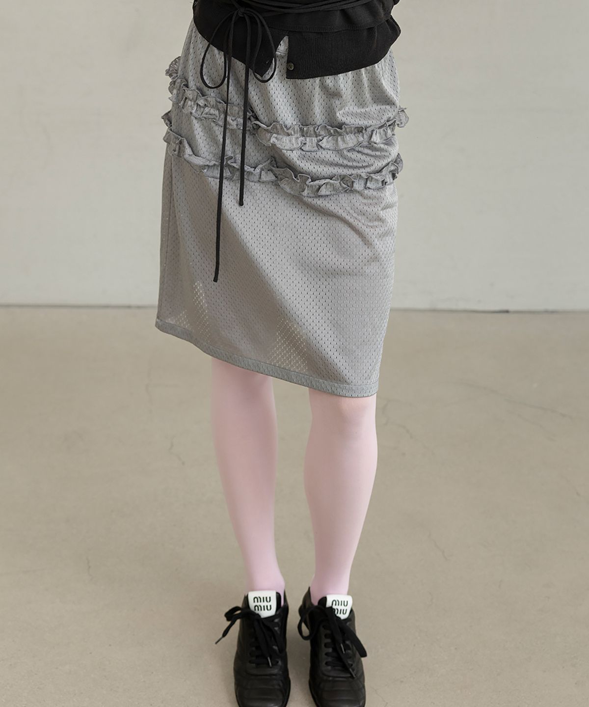 포에브(POEV) Mesh Frill Midi Skirt - Silver