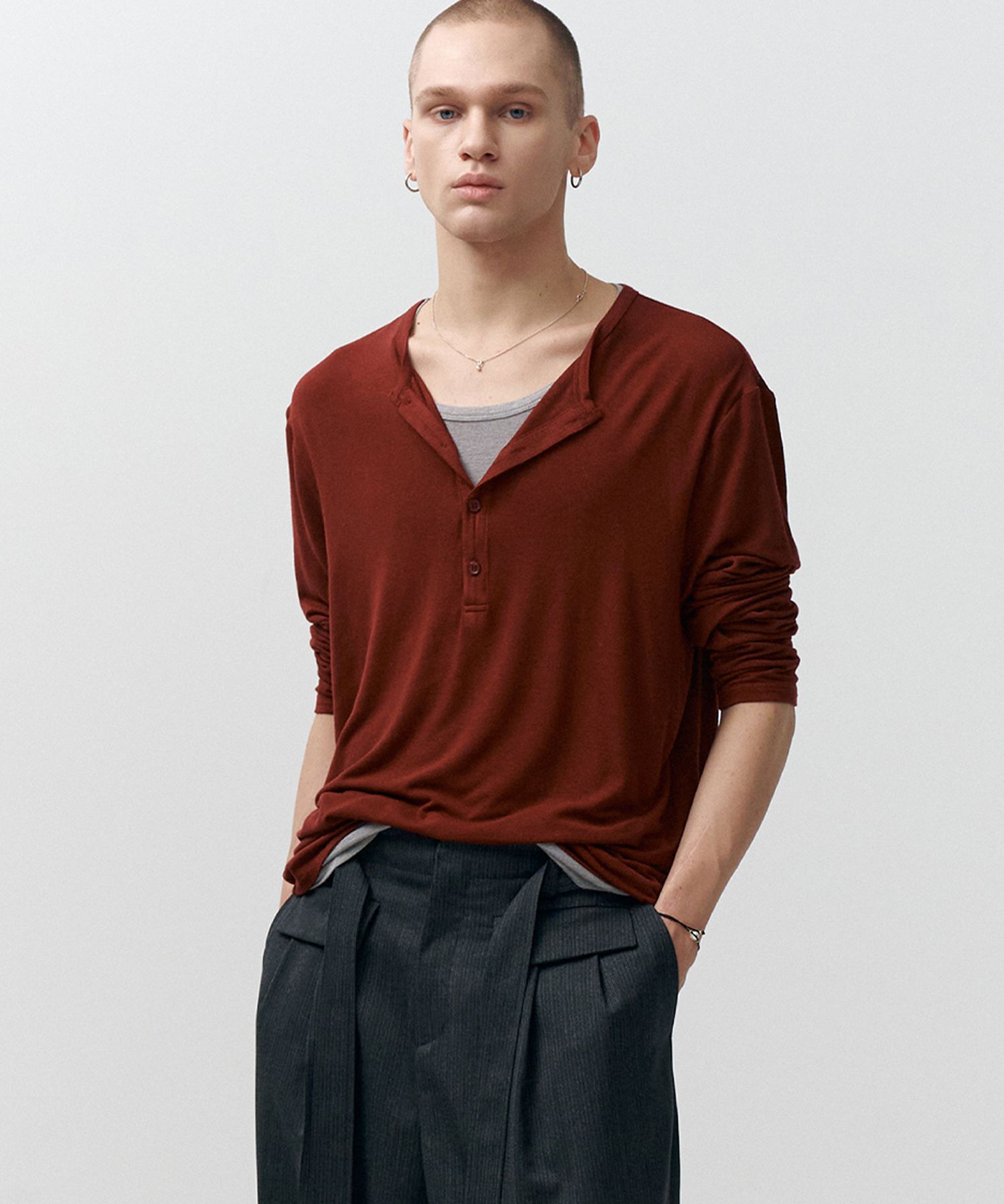 MUSINSA | NOIRER Layered Henley Neck Long Sleeve T-Shirt
