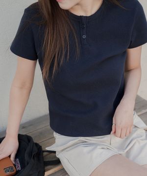 와플 헨리넥 HCH로고 티셔츠_네이비