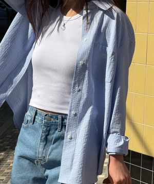 시어서커 오버핏 스트라이프 셔츠_블루