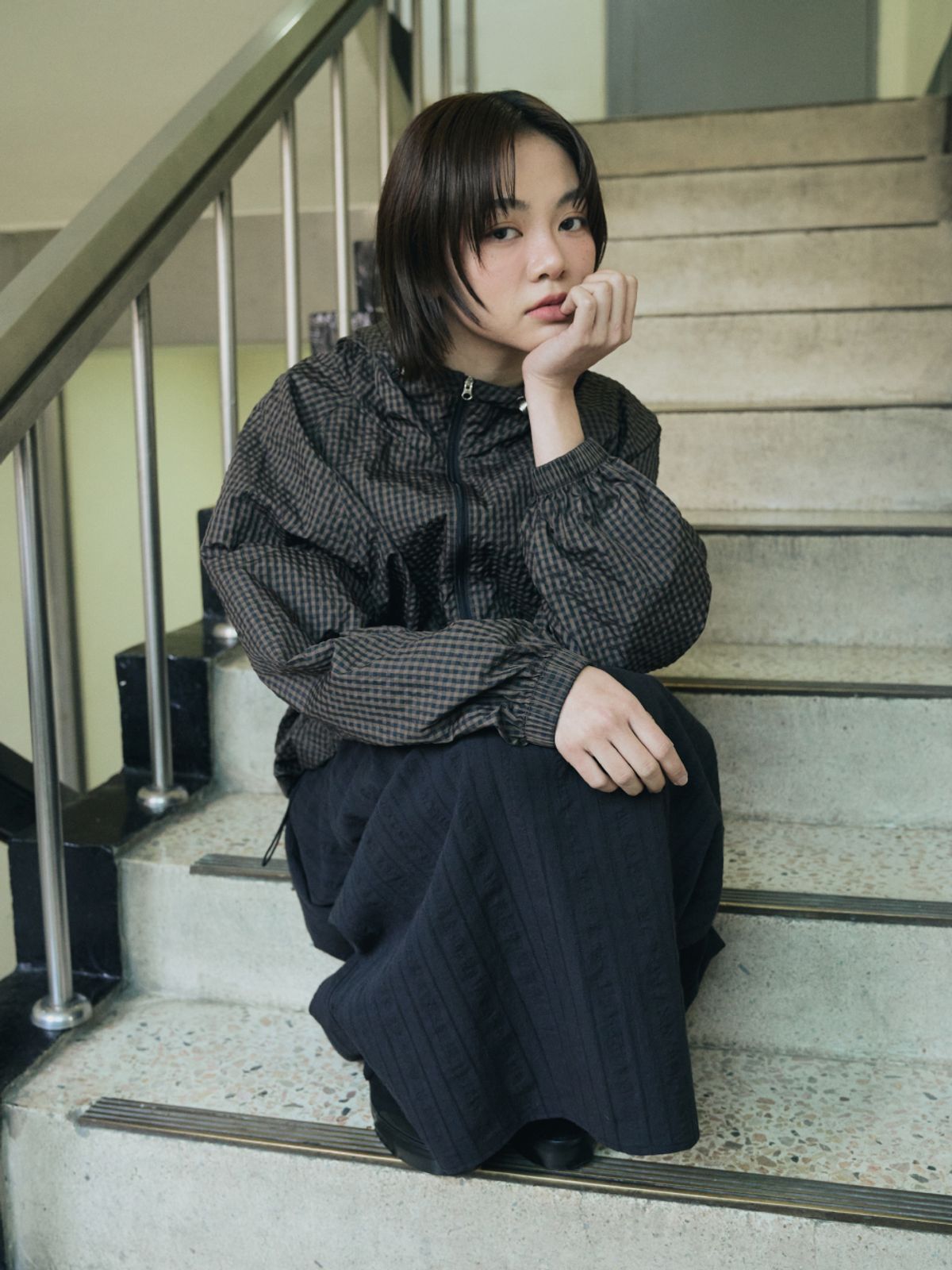 레피어(REPPIER) Check Hooded Windbreaker (Brown Black)