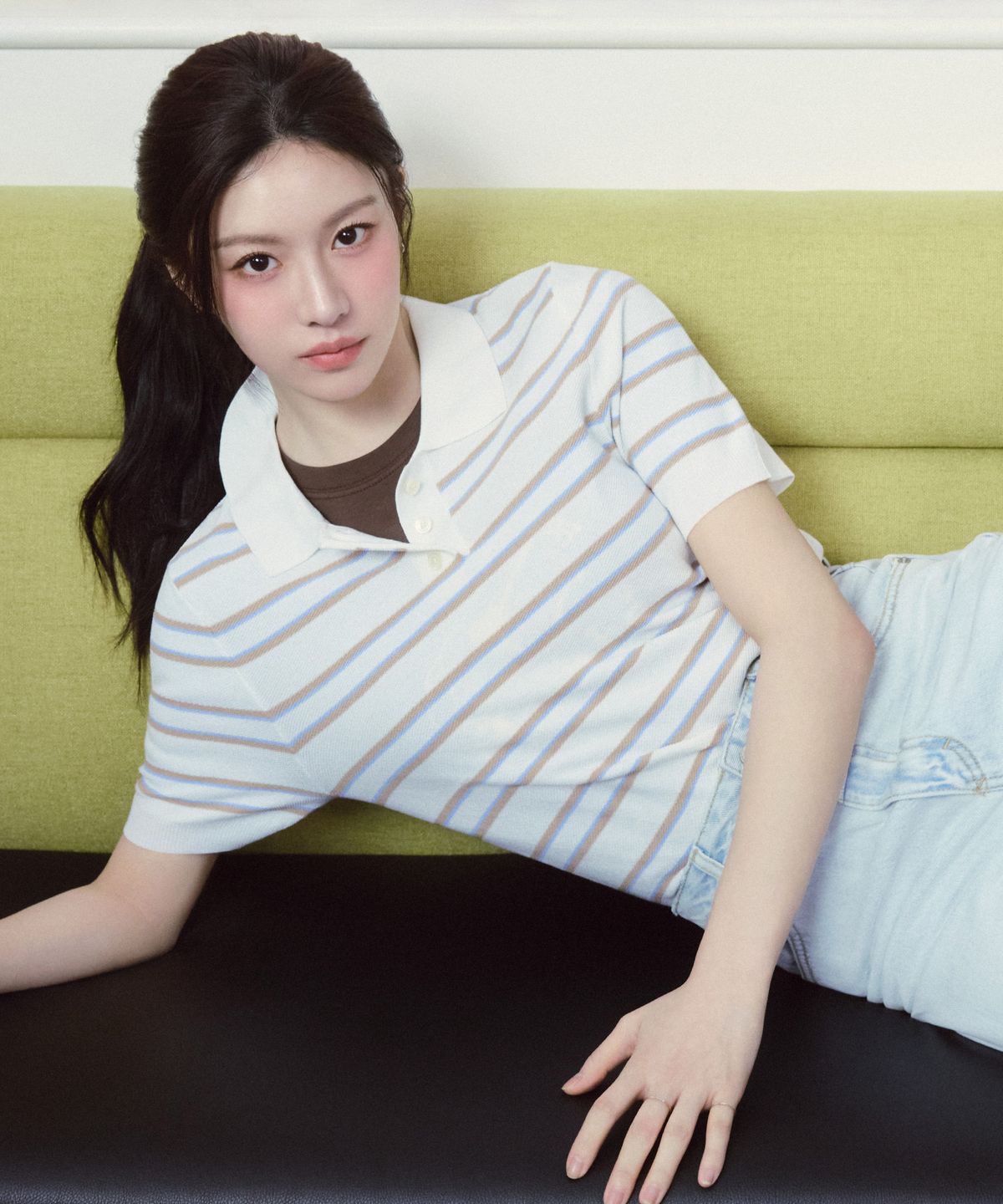 마리떼 프랑소와 저버(MARITHÉ + FRANҪOIS GIRBAUD) W HALF SLEEVE STRIPE POLO KNIT ivory