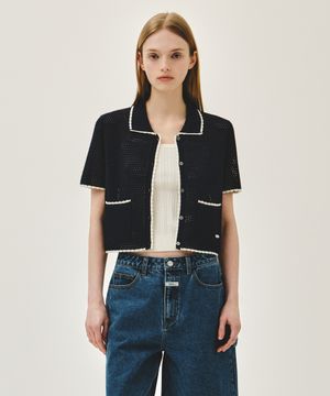 W CROCHET HALF KNIT CARDIGAN navy