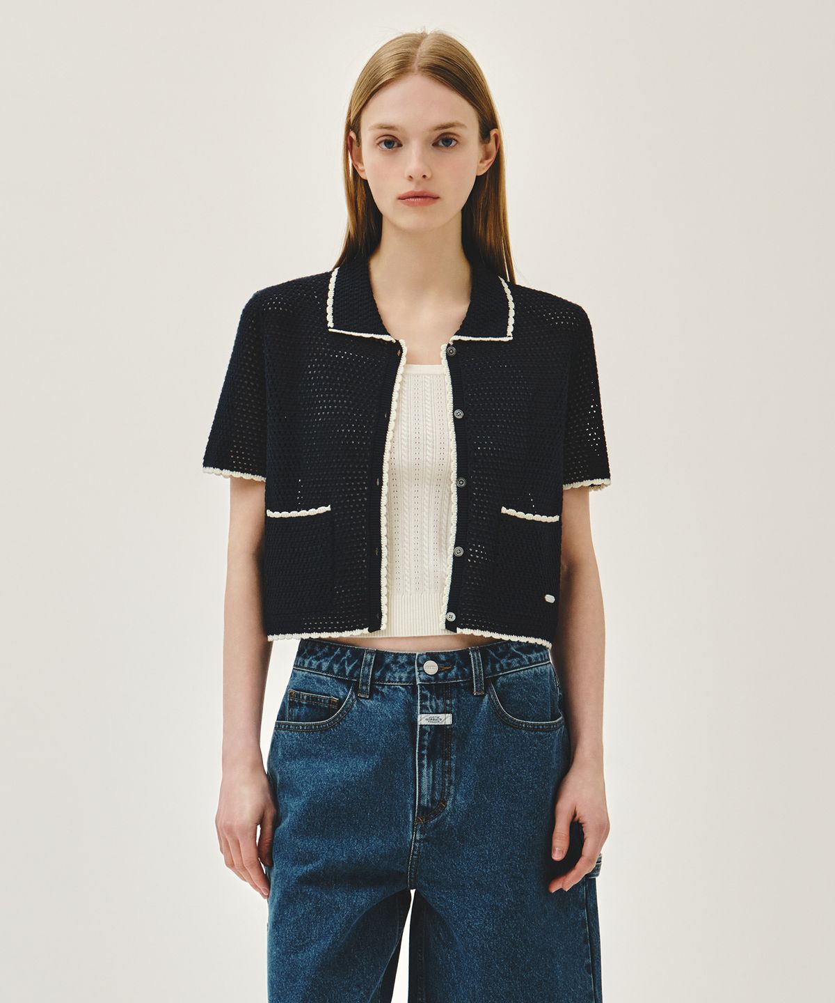 마리떼 프랑소와 저버(MARITHÉ + FRANҪOIS GIRBAUD) W CROCHET HALF KNIT CARDIGAN navy