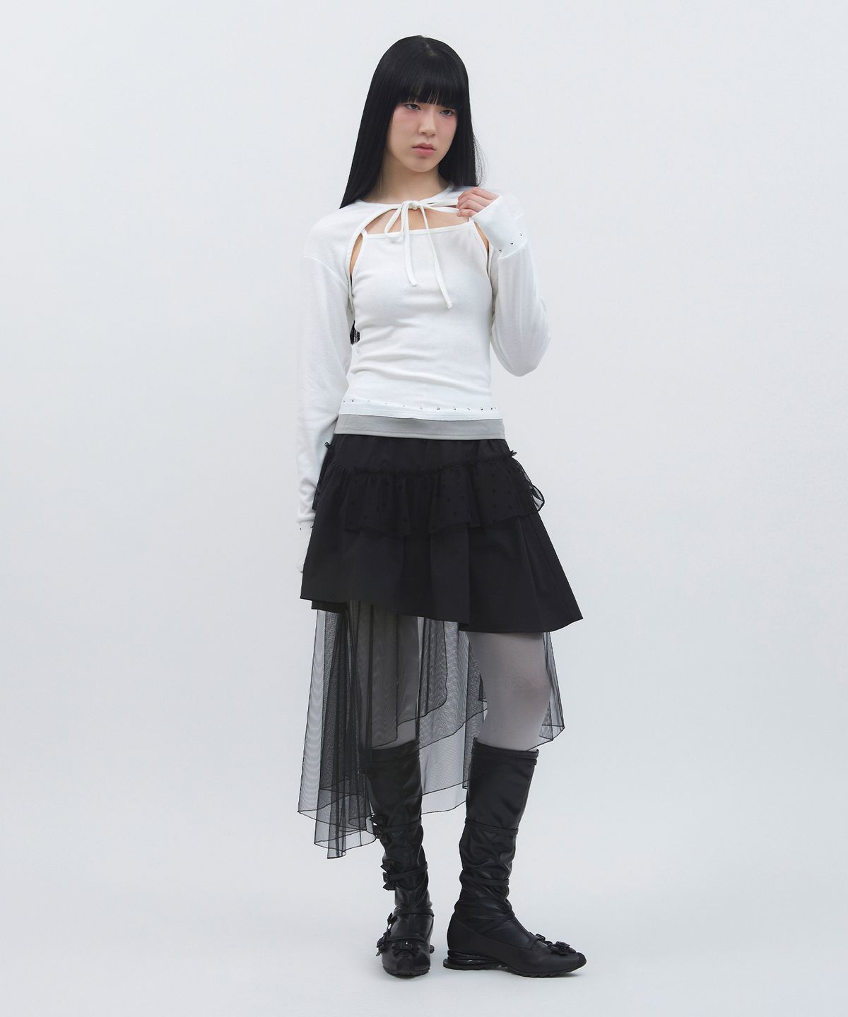 뚜오미오(TUOMIO) MIXED TIERED SKIRT [BLACK]